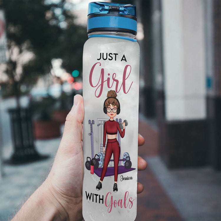 Just A Girl With Goals  - Personalized Water Bottle With Time Marker - Birthday, Motivation Gift For Her, Gymer, Fitness Lover 
