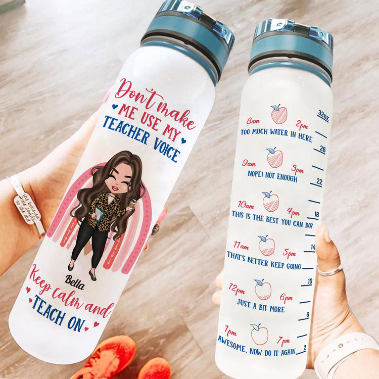 Keep Calm & Teach On - Personalized Water Tracker Bottle - Birthday, Funny Gift For Teacher