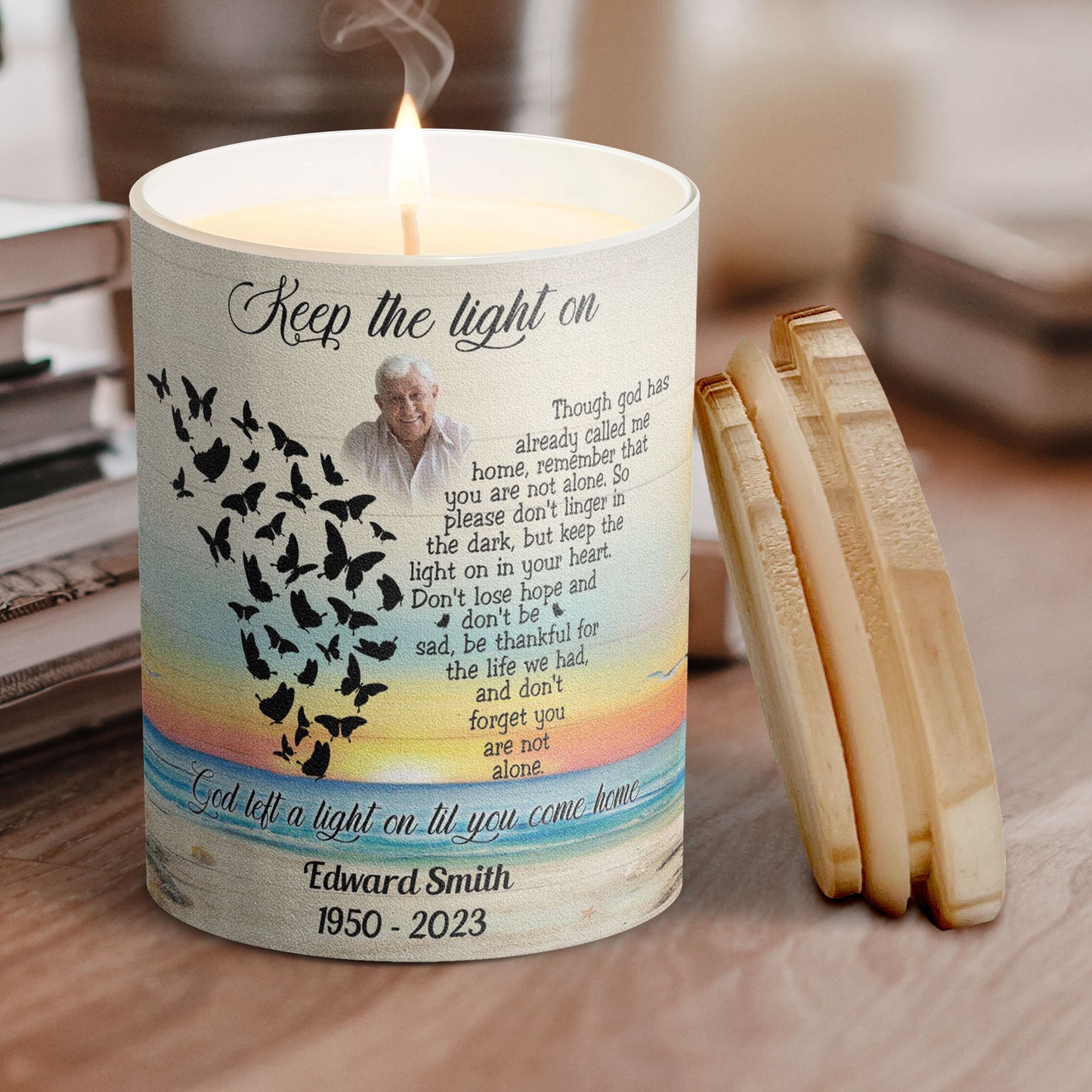 Keep The Light On Though God Has Already Called Me Home - Personalized Photo Scented Candle With Wooden Lid