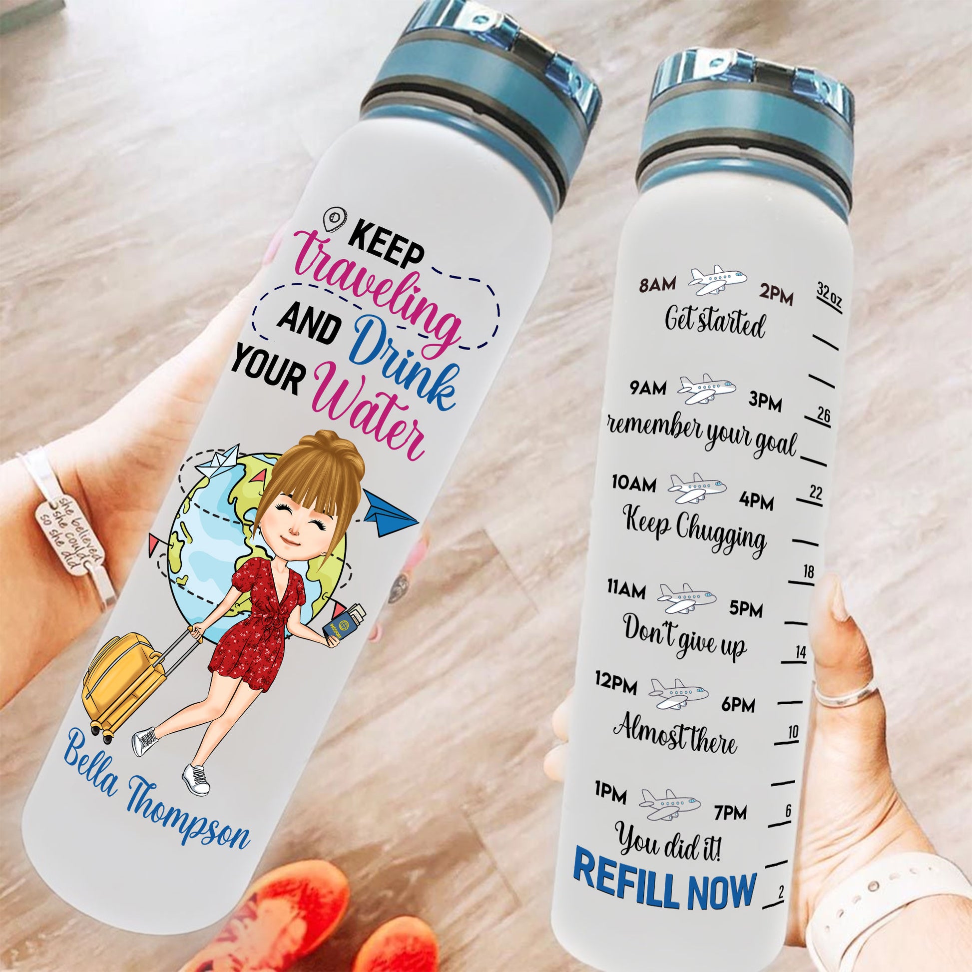 Keep Traveling And Drink Your Water - Personalized Water Bottle With Time Marker - Birthday Gift For Her, Girl, Friend, Travelers, Trippin'