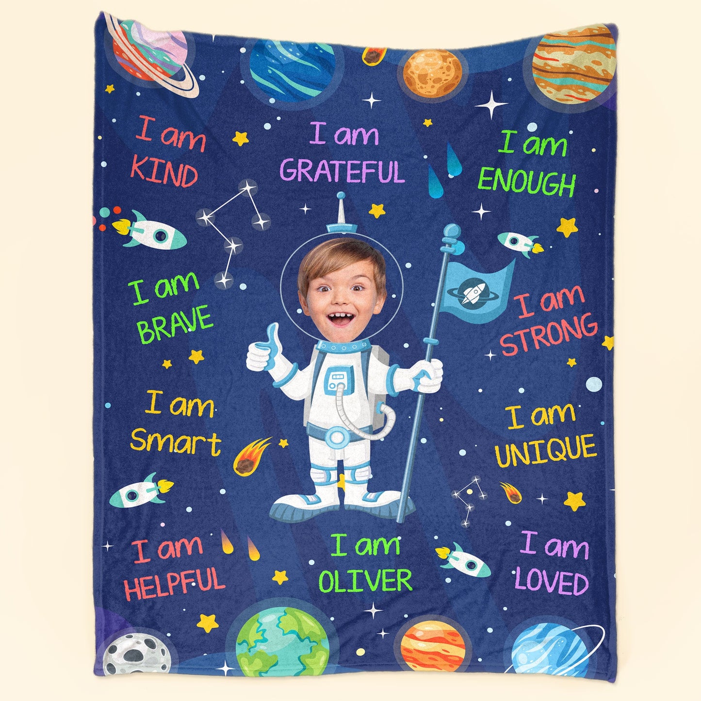 Kid Affirmations I Am Kind Smart Loved Astronaut - Personalized Photo Blanket