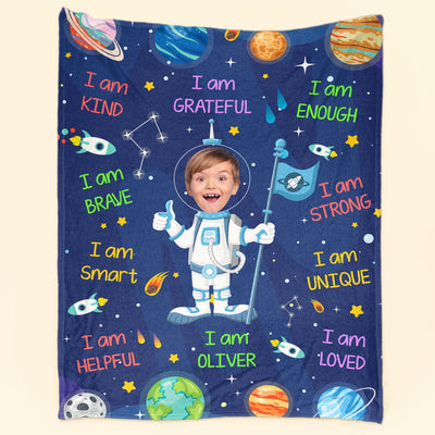 Kid Affirmations I Am Kind Smart Loved Astronaut - Personalized Kid Photo Blanket