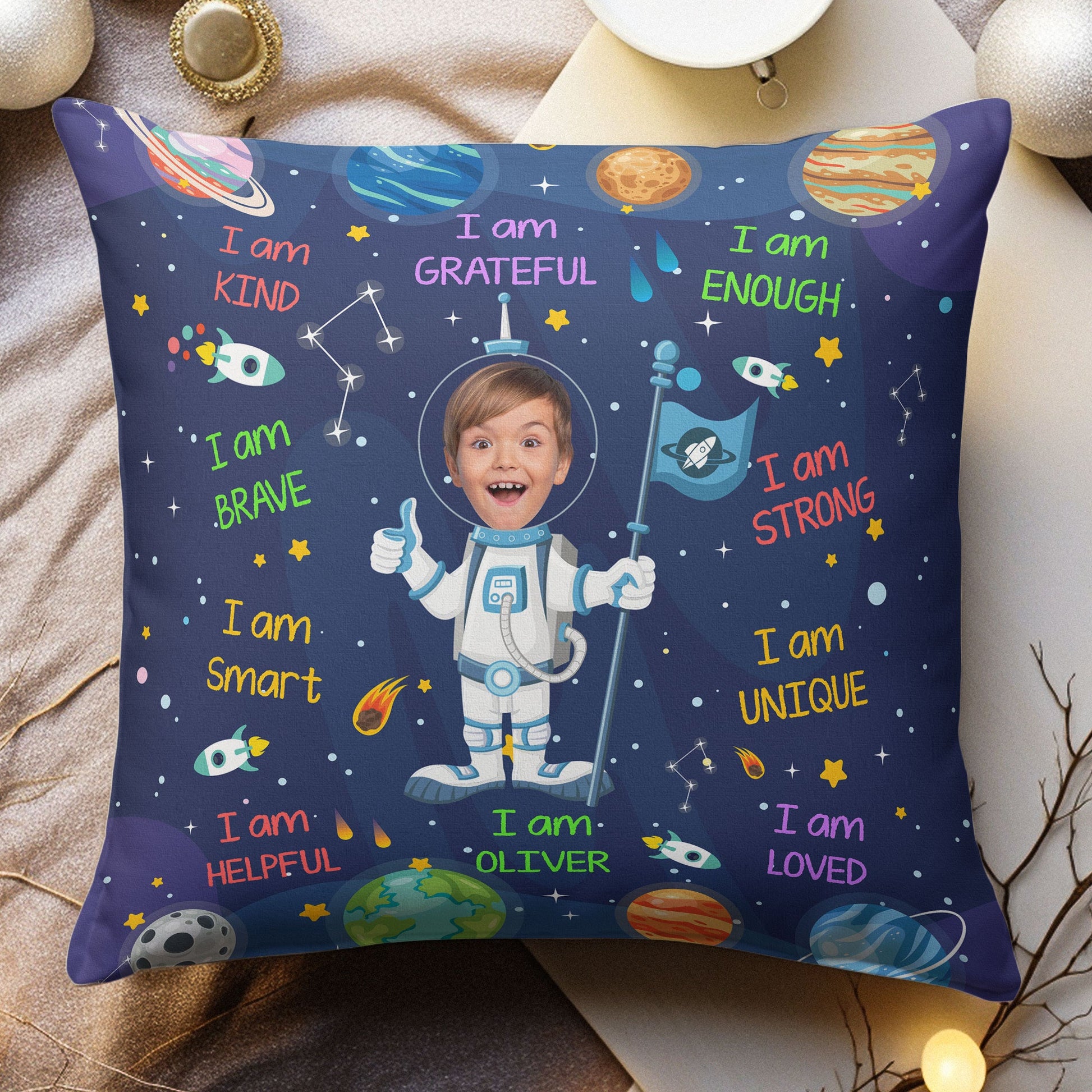 Kid Affirmations I Am Kind Smart Loved Astronaut - Personalized Photo Pillow (Insert Included)