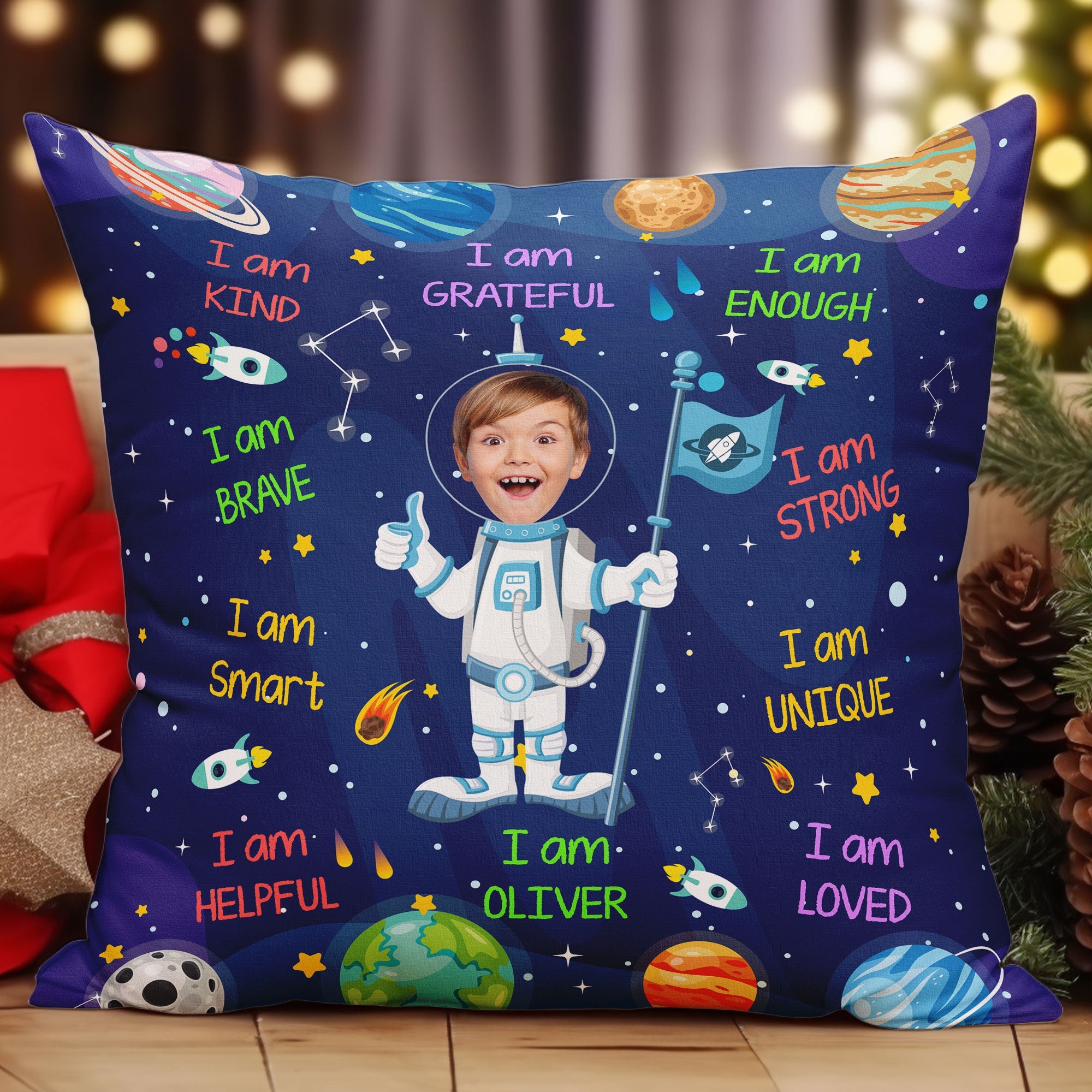 Kid Affirmations I Am Kind Smart Loved Astronaut - Personalized Photo Pillow (Insert Included)