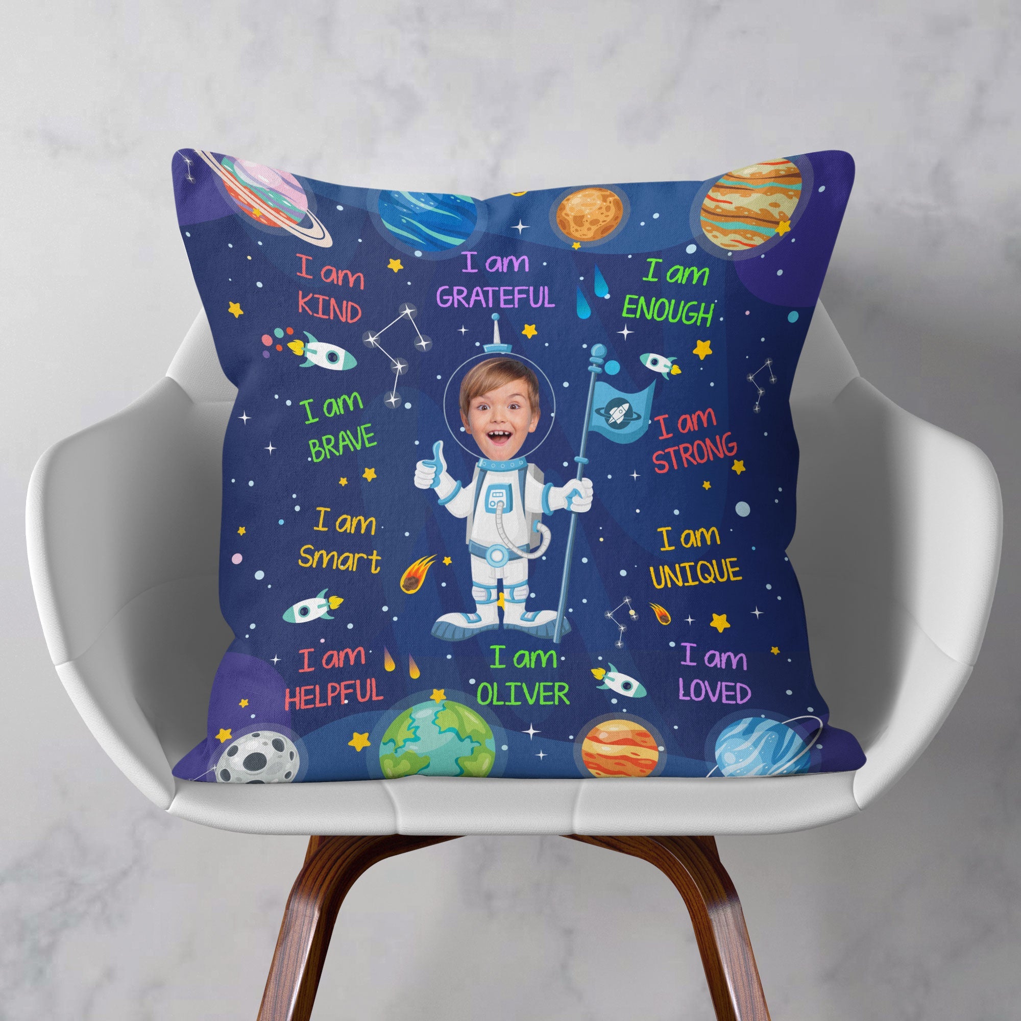 Kid Affirmations I Am Kind Smart Loved Astronaut - Personalized Photo Pillow (Insert Included)