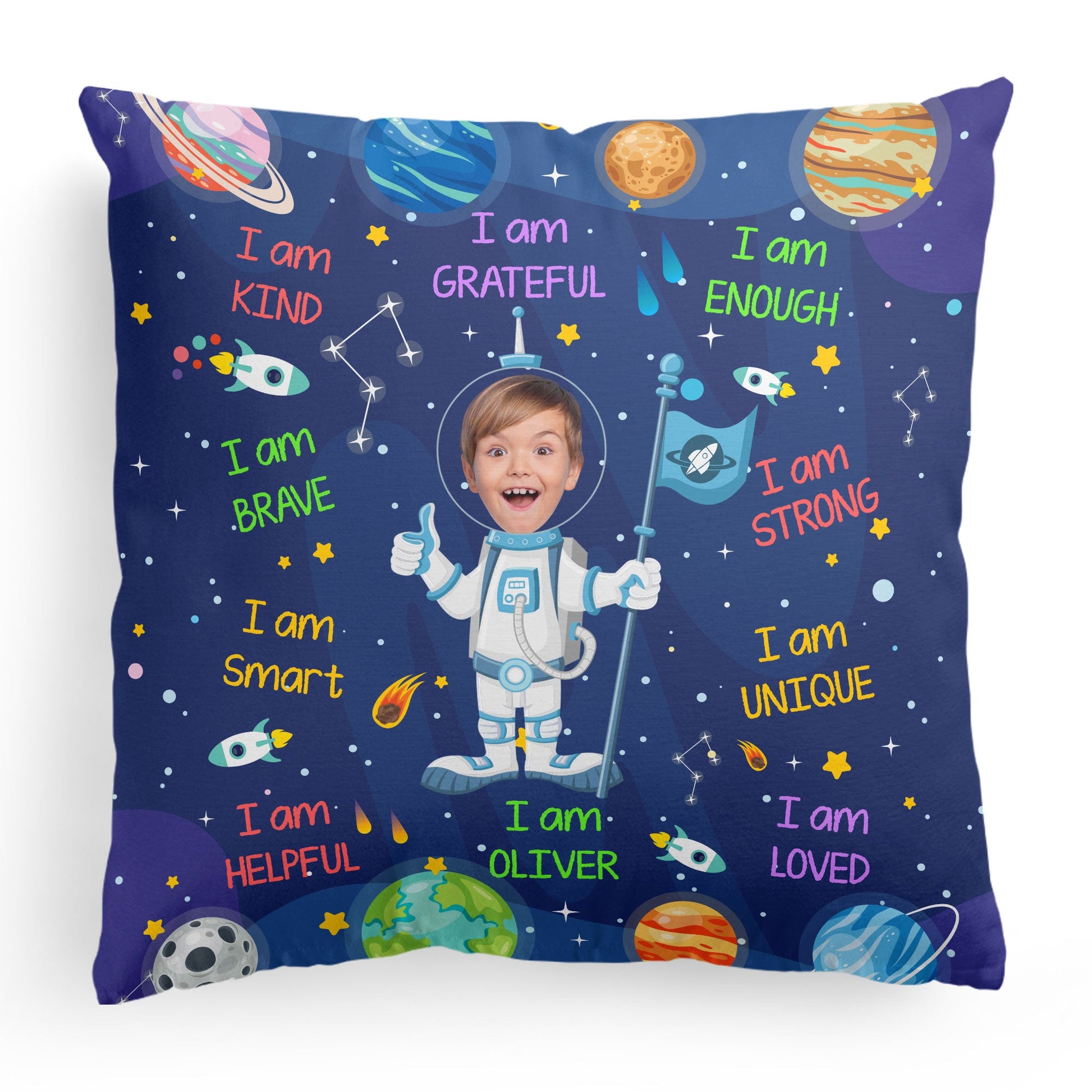 Kid Affirmations I Am Kind Smart Loved Astronaut - Personalized Photo Pillow (Insert Included)