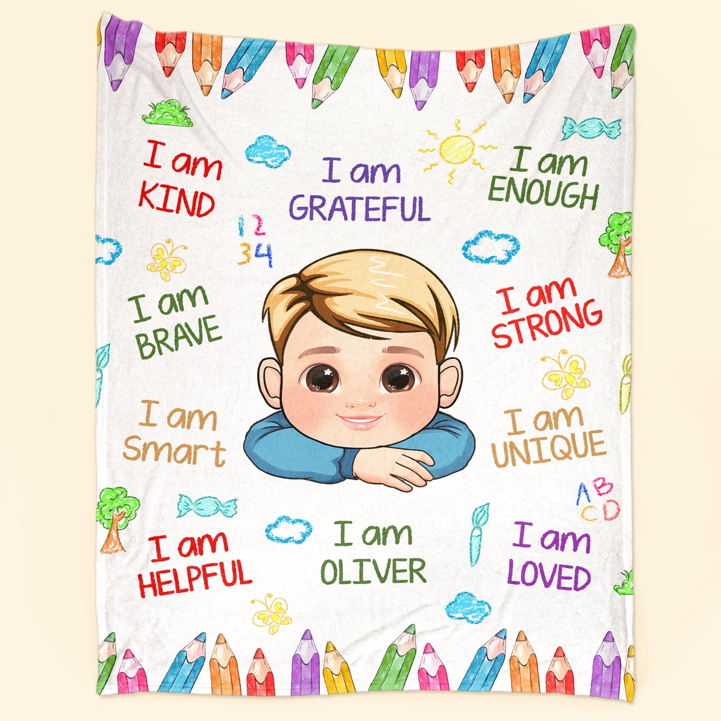 Kid Affirmations I Am Kind Smart Loved - Personalized Baby Blanket