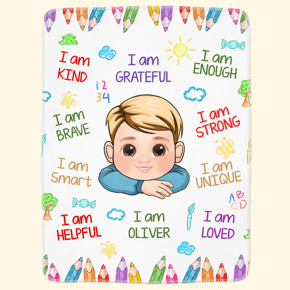 Kid Affirmations I Am Kind Smart Loved - Personalized Baby Blanket