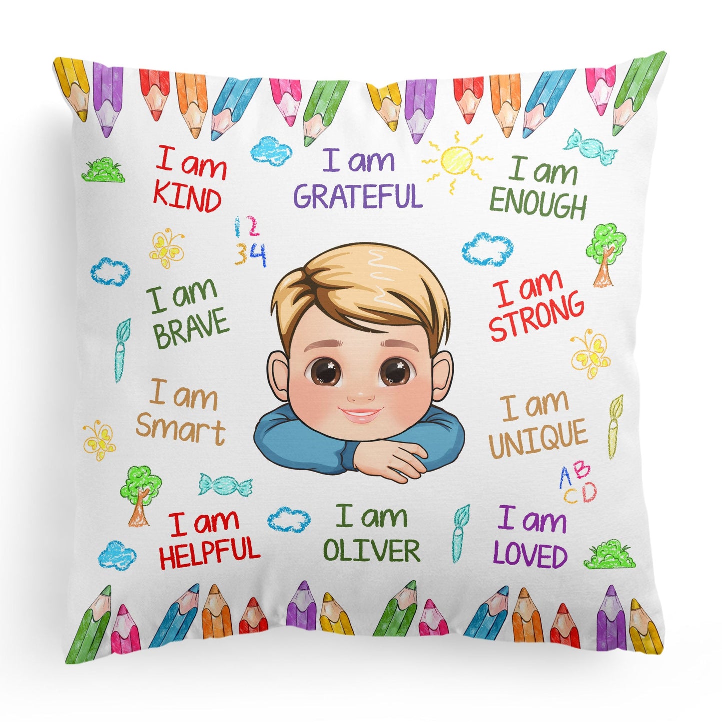 Kid Affirmations I Am Kind Smart Loved - Personalized Photo Pillow (Insert Included)