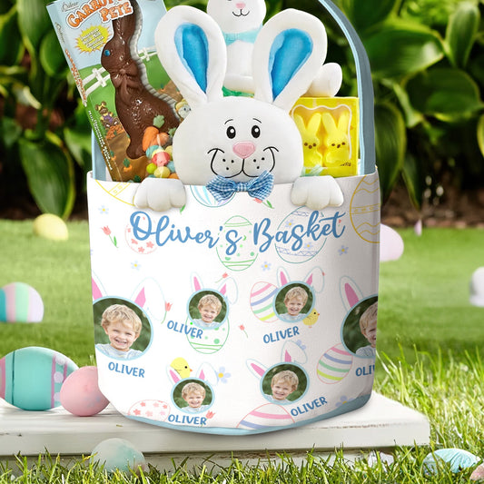 Kid Happy Easter With Bunny Ears - Personalized Photo Easter Basket