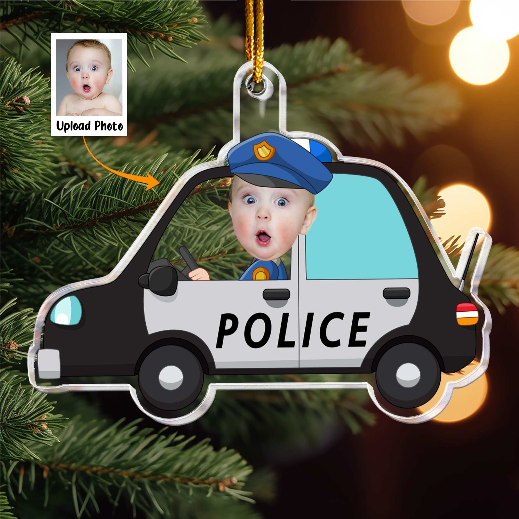 Kid Riding A Police Car & Transportation - Personalized Acrylic Photo Ornament