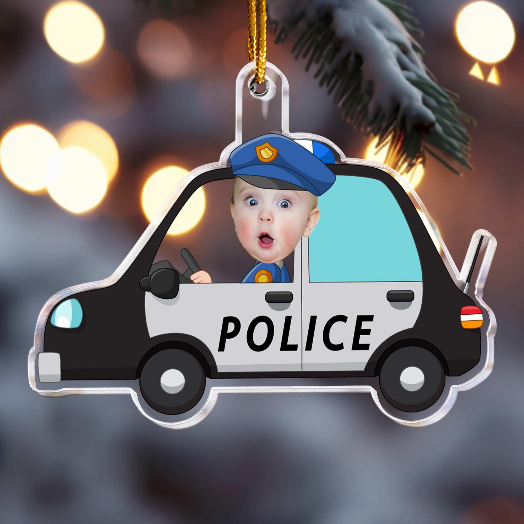 Kid Riding A Police Car & Transportation - Personalized Acrylic Photo Ornament