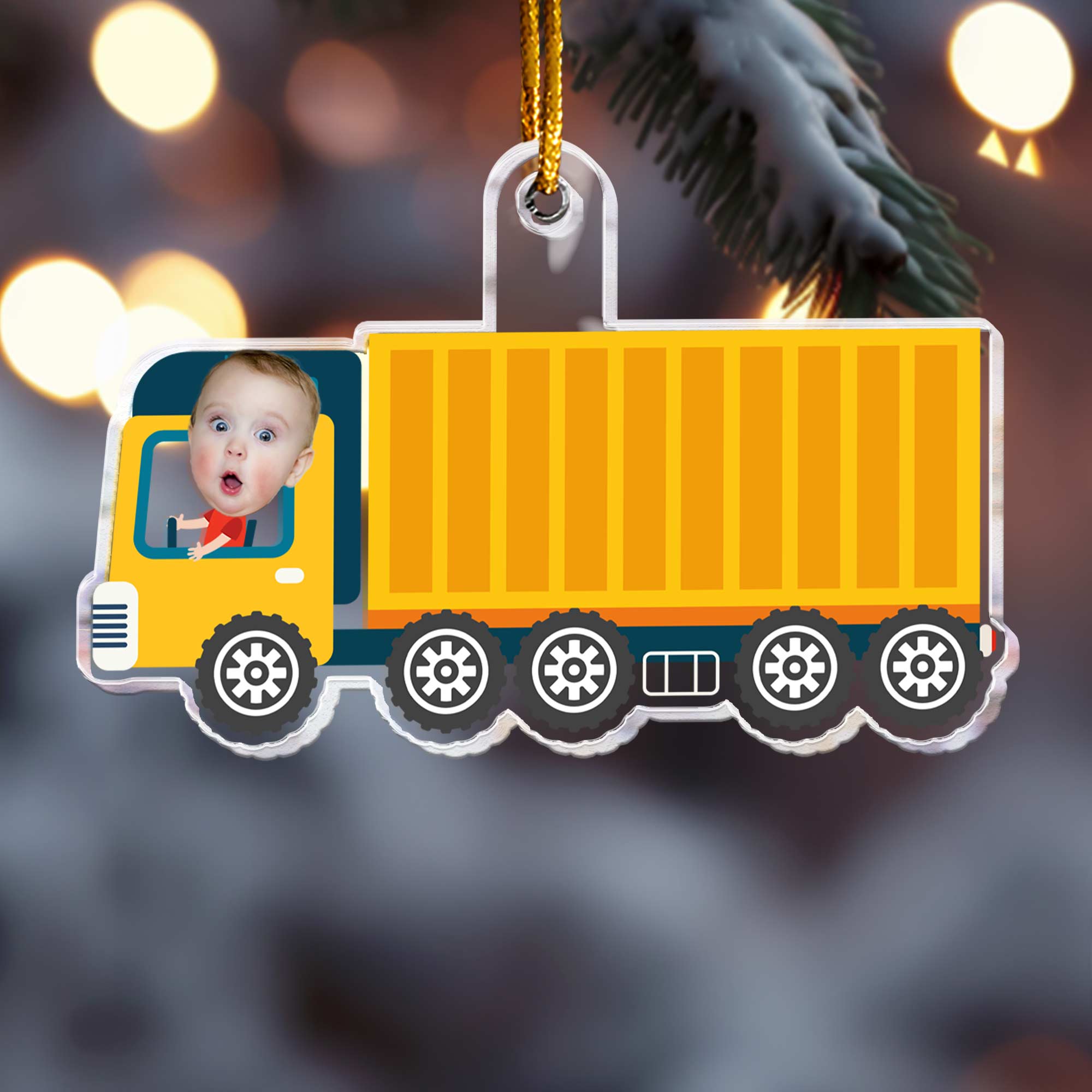 Kid Riding Container Truck - Personalized Acrylic Photo Ornament