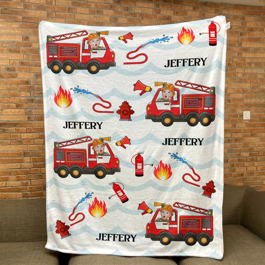 Kid Riding Fire Truck - Personalized Baby Photo Blanket