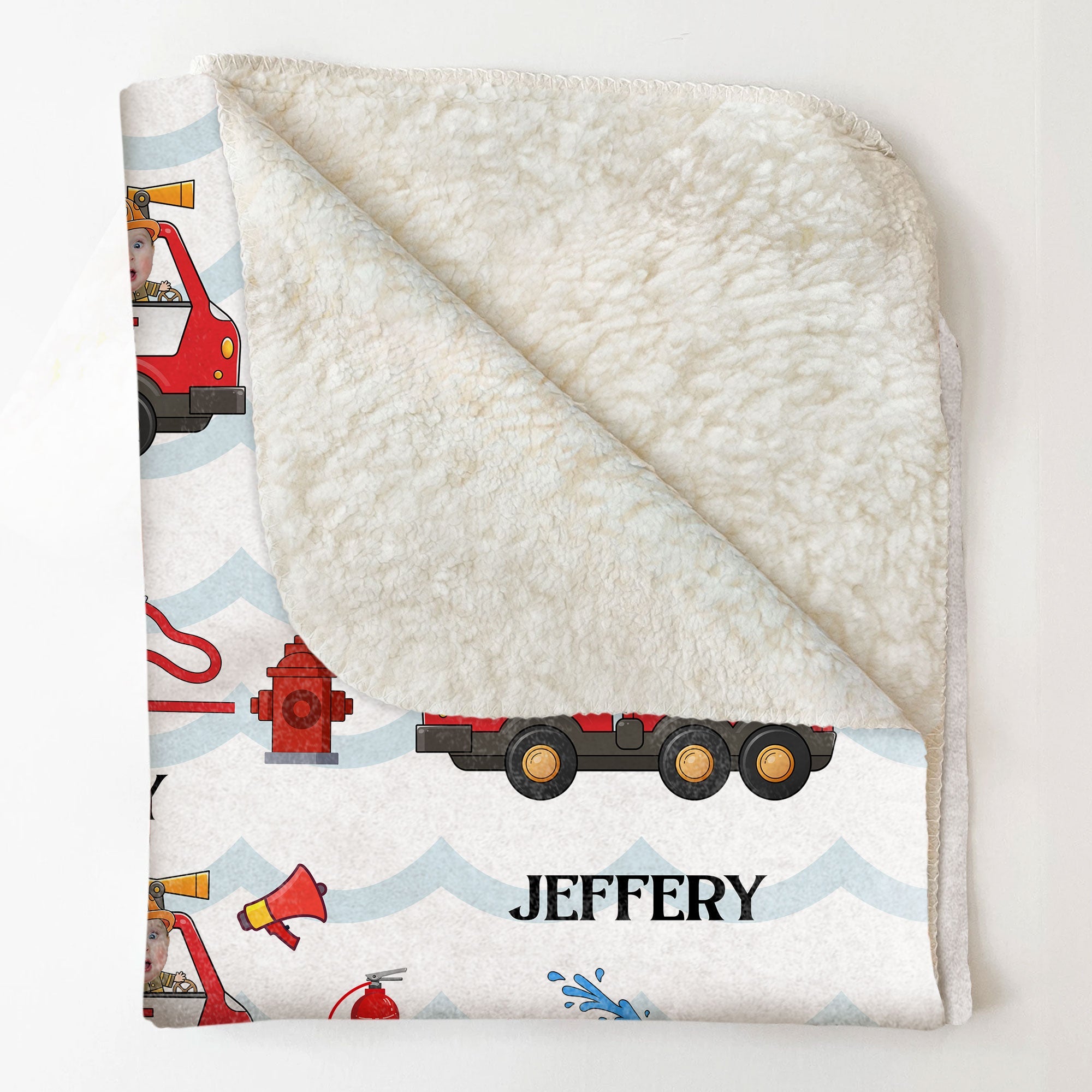 Kid Riding Fire Truck - Personalized Baby Photo Blanket