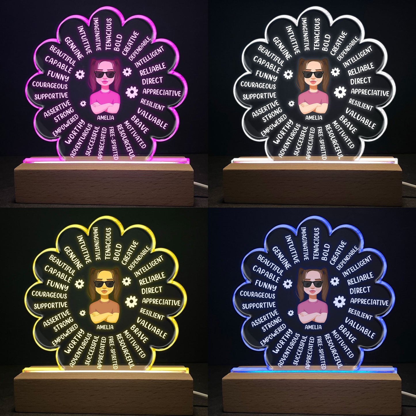 Kid's Affirmations Flower - Personalized 3D LED Light Wooden Base