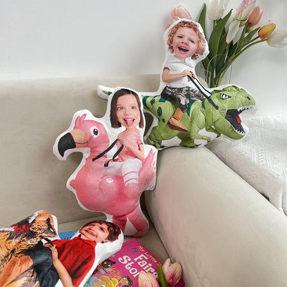 Kids Riding Dinosaur Unicorn For Sons, Daughters - Personalized Photo Custom Shaped Pillow