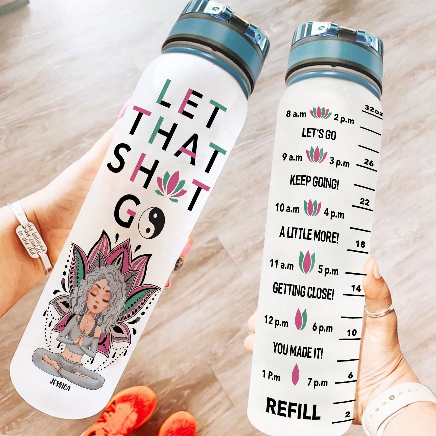 Let That Go - Personalized Water Bottle With Time Marker - Birthday, Motivation Gift For Yoga Girl, Yoga Lover