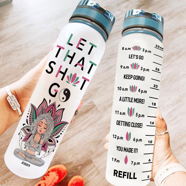 Let That Go - Personalized Water Bottle With Time Marker - Birthday, Motivation Gift For Yoga Girl, Yoga Lover