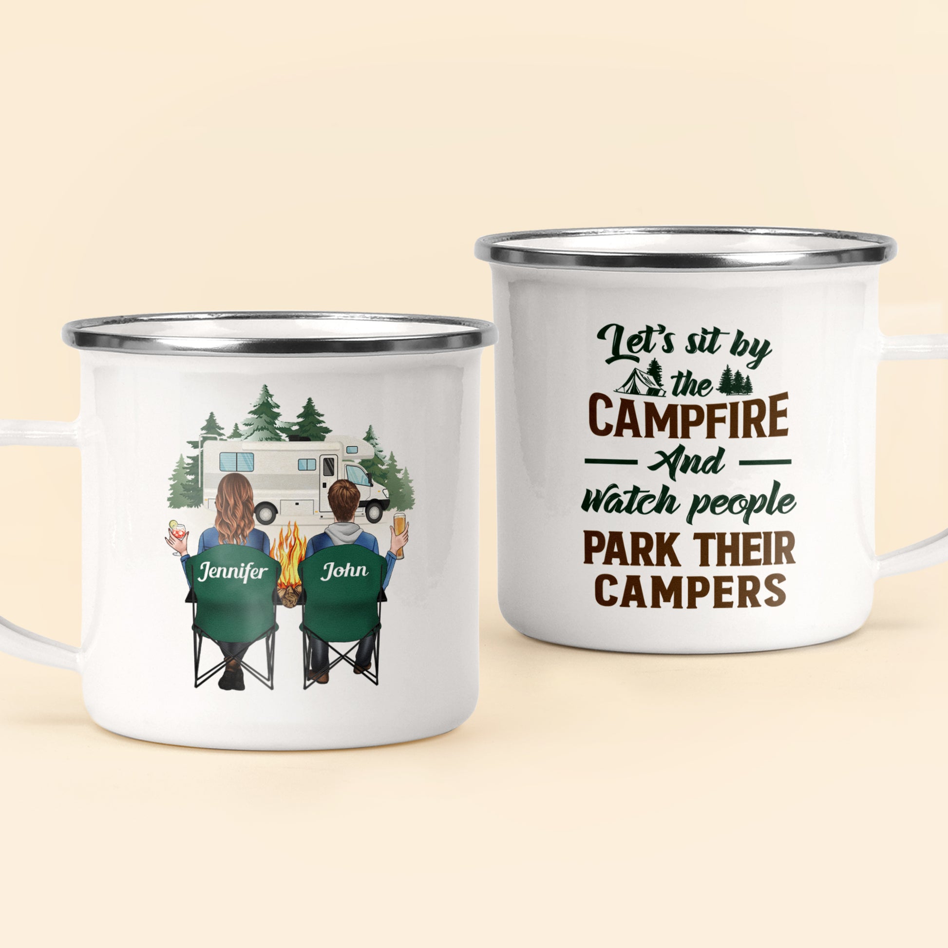 Let's Sit By The Campfire & Watch People Park Their Campers - Personalized Enamel Mug  - Birthday Gift For Camping Friends