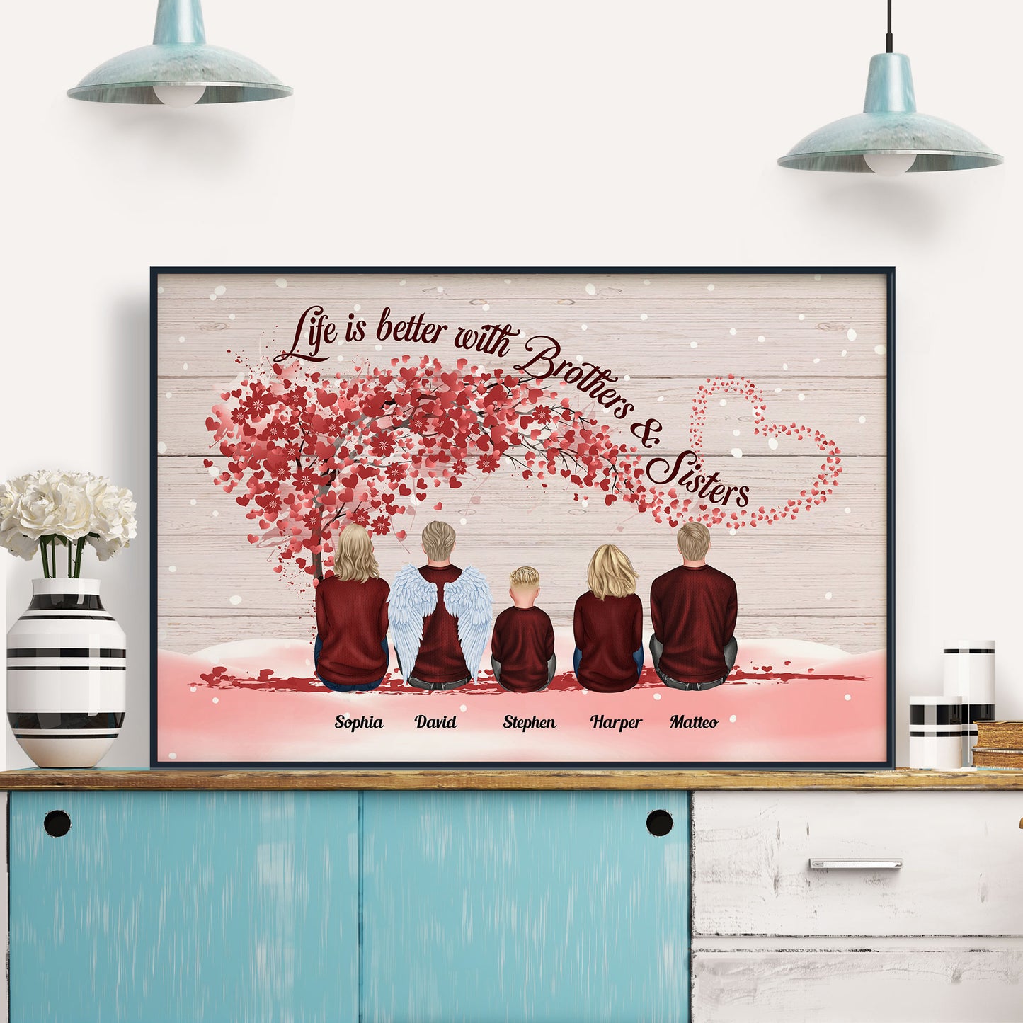 Life Is Better With Brothers & Sisters - Sitting Family - Red Tree 2 - Personalized Poster/Wrapped Canvas