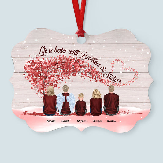 Life Is Better With Brothers & Sisters - Sitting Family - Red Tree - Personalized Aluminum Ornament - Christmas, New Year Gift For Family, Sisters, Brothers, Siblings