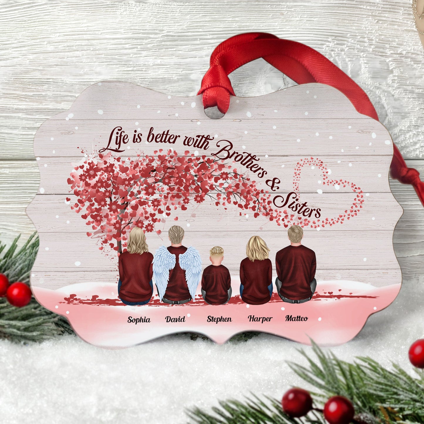 Life Is Better With Brothers & Sisters - Sitting Family - Red Tree - Personalized Aluminum Ornament - Christmas, New Year Gift For Family, Sisters, Brothers, Siblings