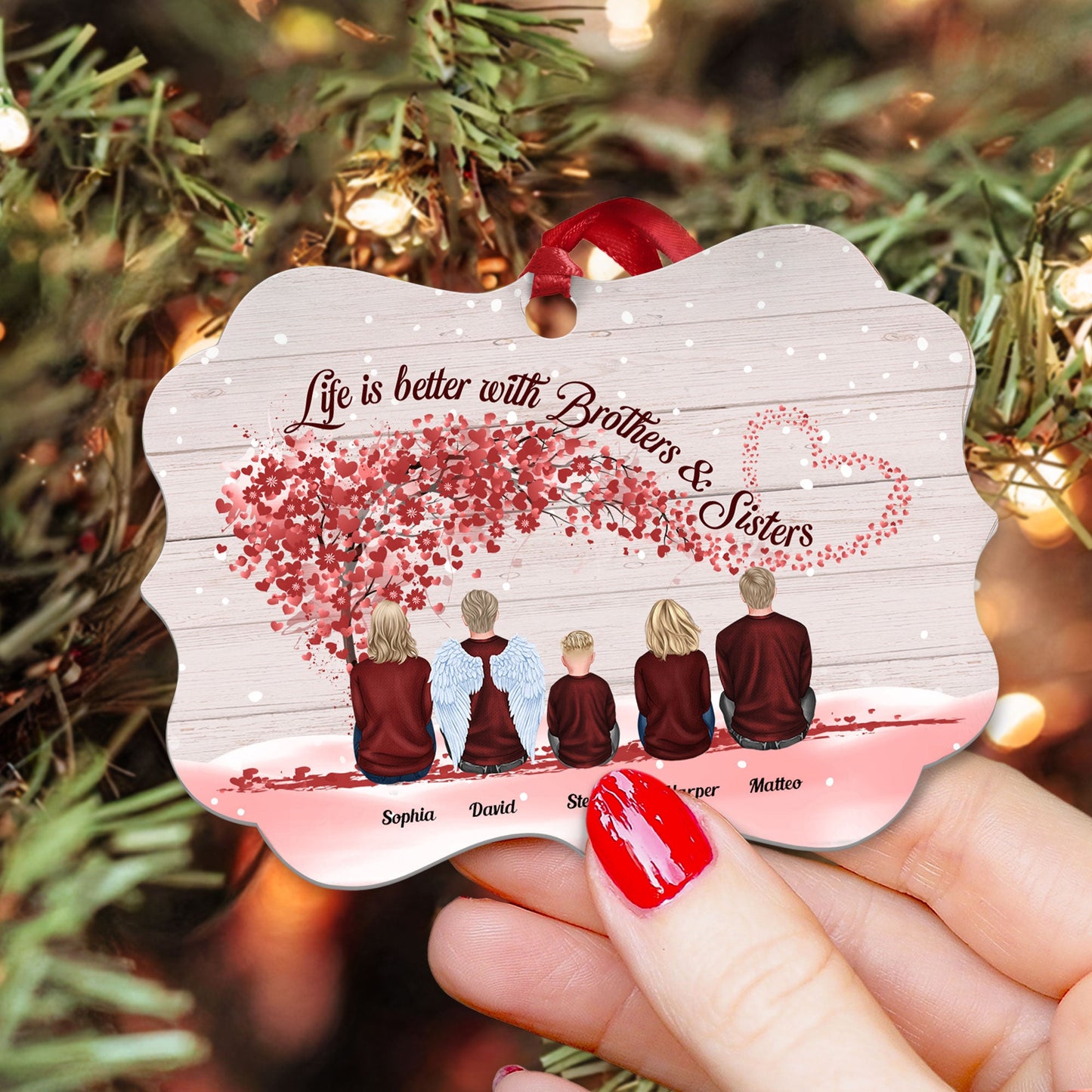 Life Is Better With Brothers & Sisters - Sitting Family - Red Tree - Personalized Aluminum Ornament - Christmas, New Year Gift For Family, Sisters, Brothers, Siblings