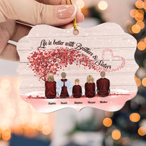 Life Is Better With Brothers & Sisters - Sitting Family - Red Tree - Personalized Aluminum Ornament - Christmas, New Year Gift For Family, Sisters, Brothers, Siblings