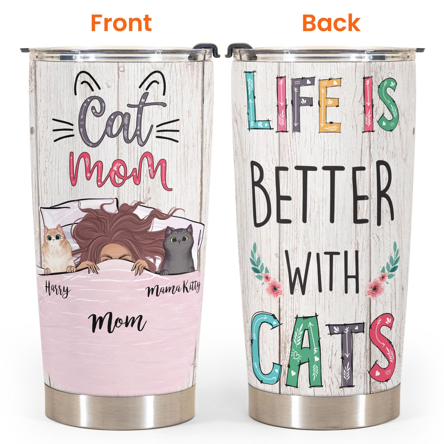 Life Is Better With Cats - Personalized Tumbler Cup - Gift For Cat Mom - Lying Girl & Peeking Cats