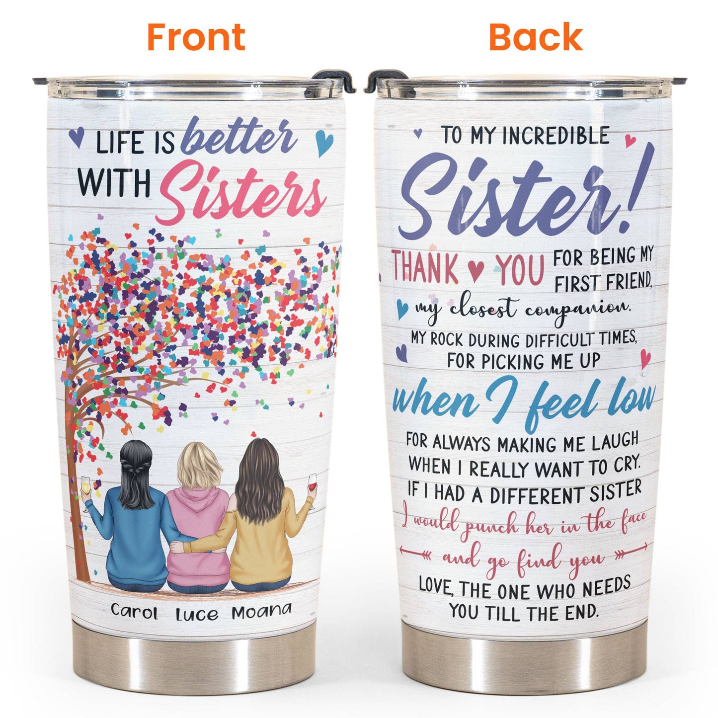 Life Is Better With Sister - Personalized Tumbler Cup - Gift For Sisters - Sisters Back Sitting