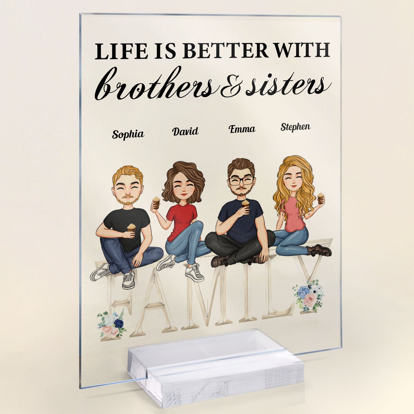 Life Is Better With Sisters And Brothers - Cartoon Version - Personalized Acrylic Plaque - Birthday, New Year Gift For Family, Sisters, Brothers, Siblings