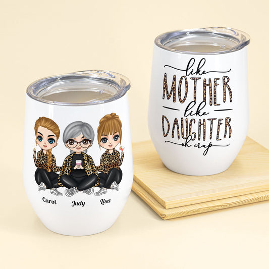 Like Mother Like Daughter Leopard Version - Personalized Wine Tumbler - Birthday, Mother's Day Gift For Mother, Mom, Daughter - Leopard Chibi Girls