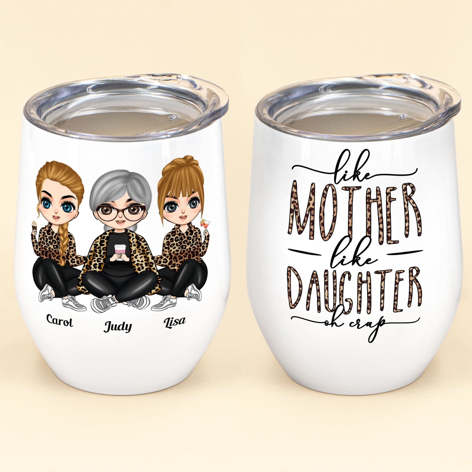 Like Mother Like Daughter Leopard Version - Personalized Wine Tumbler - Birthday, Mother's Day Gift For Mother, Mom, Daughter - Leopard Chibi Girls