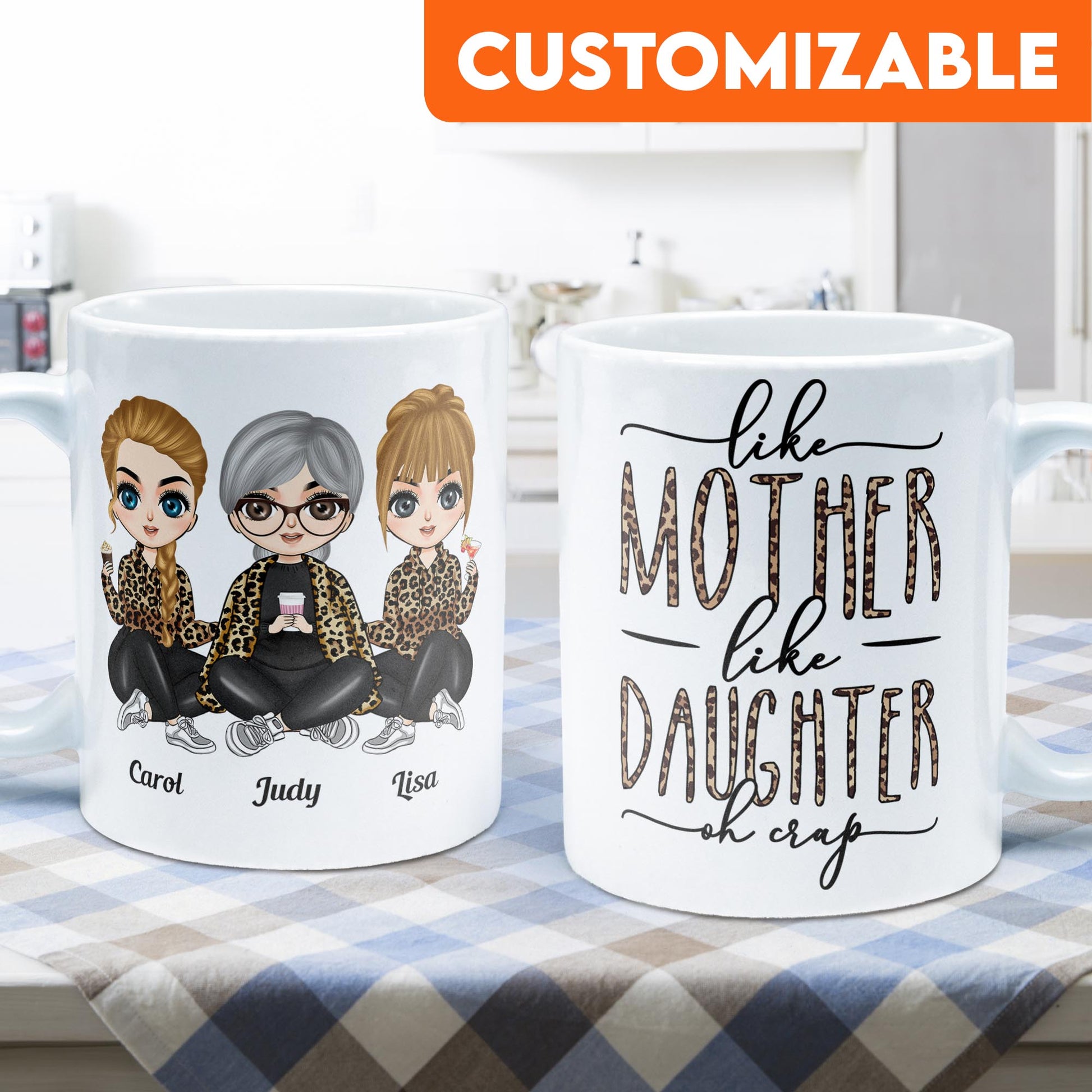 Like Mother Like Daughter Leopard Version - Personalized Mug  - Birthday Gift For Mother, Mom, Daughter - Leopard Chibi Girls