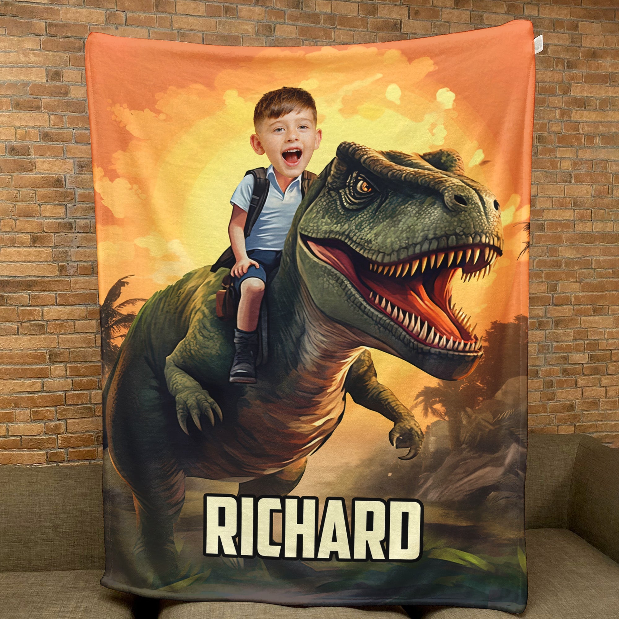 Little Boy Riding Dinosaur - Personalized Kid Photo Blanket