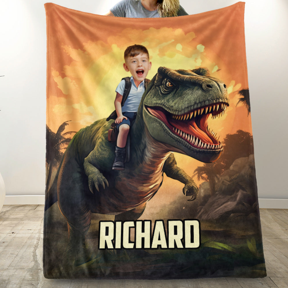 Little Boy Riding Dinosaur Personalized Kid Photo Blanket Macorner