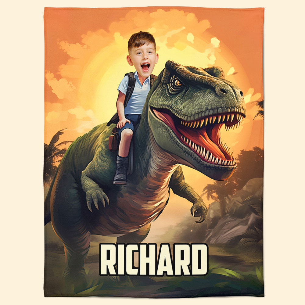 Little Boy Riding Dinosaur - Personalized Kid Photo Blanket