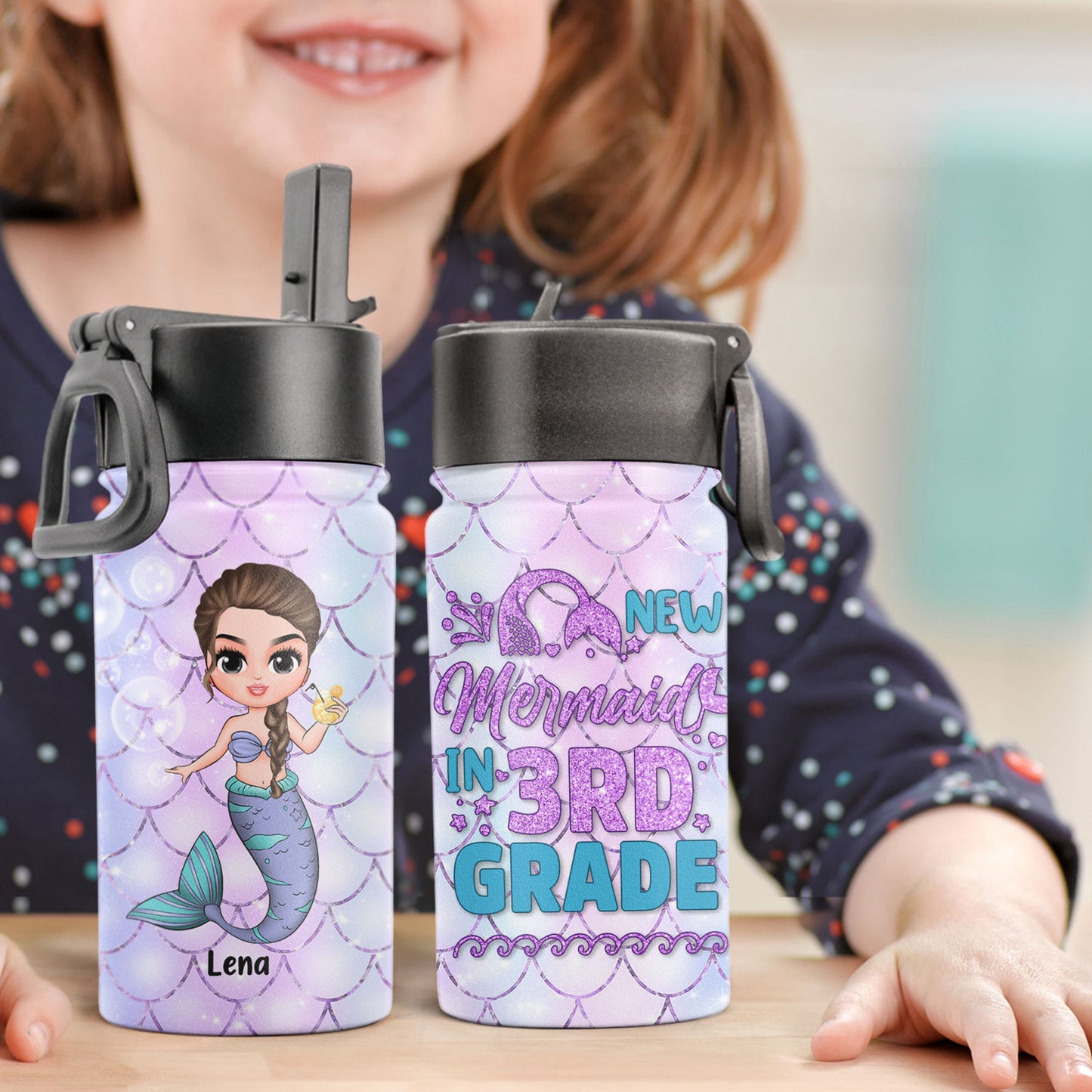 Little Mermaid In School - Personalized Kids Water Bottle With Straw Lid