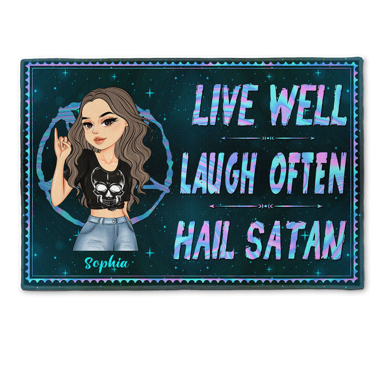 Live Well, Laugh Often, Hail Satan - Personalized Doormat - Gift For Metal Head, Heavy Metal Rock Fan, Girl Woman