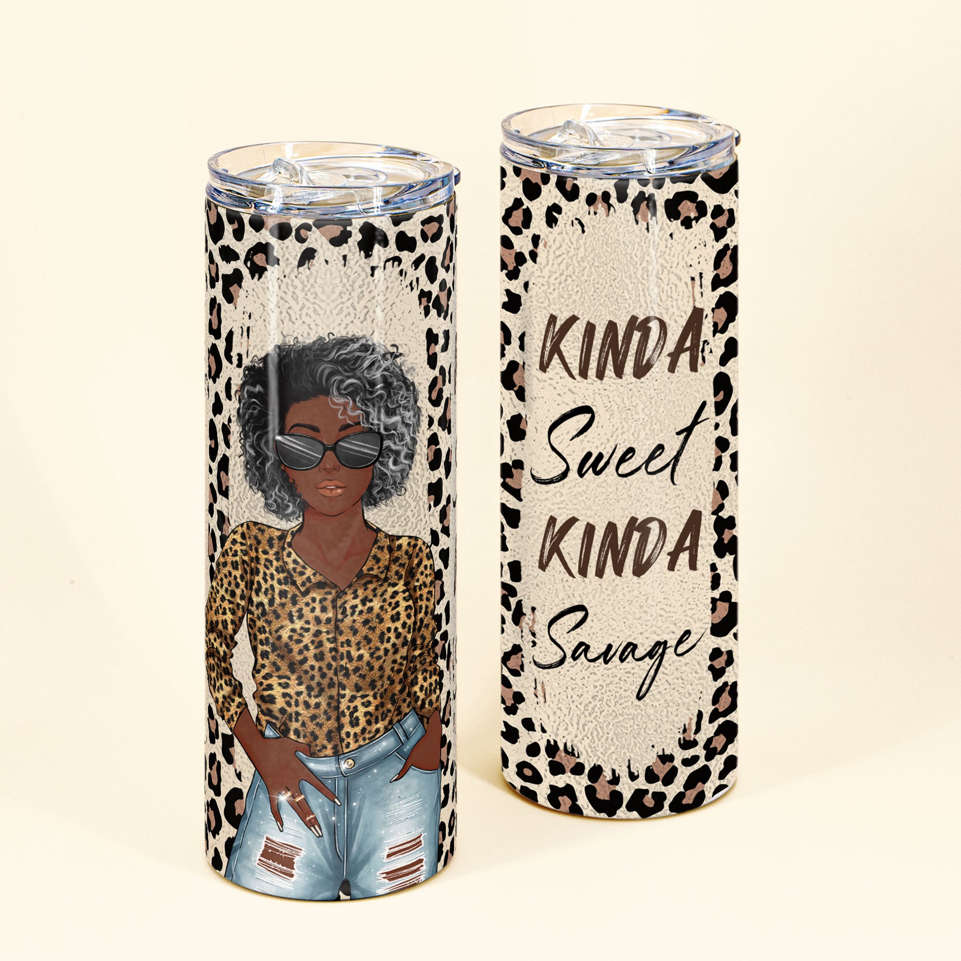 Living My Best Life - Personalized Skinny Tumbler - Birthday Gift For Black Woman, Black Girl - Leopard Girl