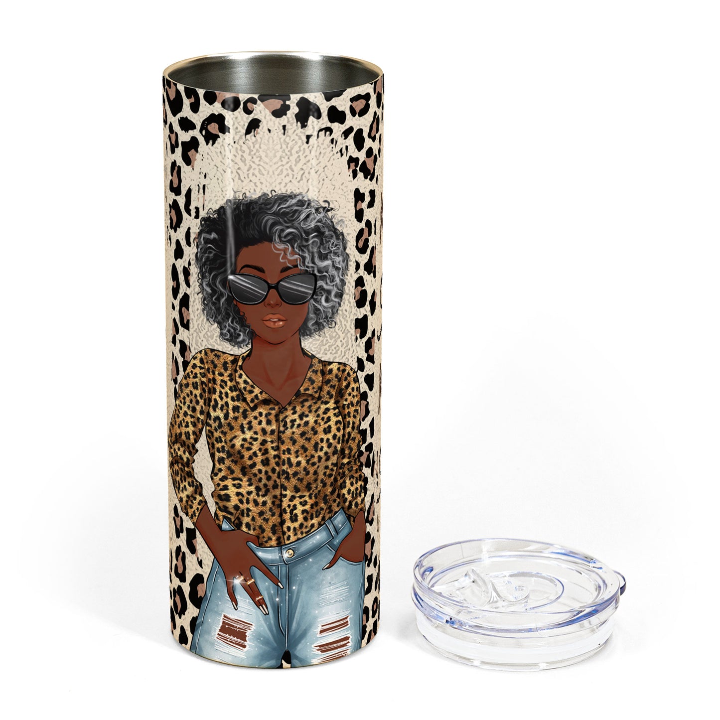 Living My Best Life - Personalized Skinny Tumbler - Birthday Gift For Black Woman, Black Girl - Leopard Girl