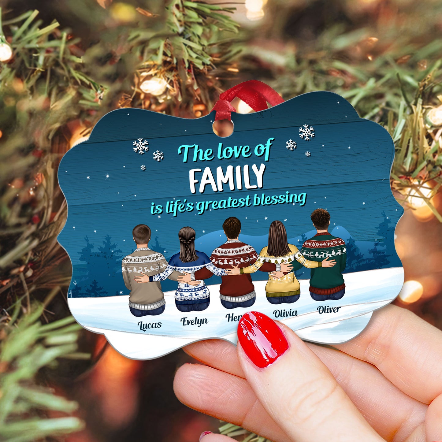 Love Family Forever - Personalized Aluminum Ornament - Christmas Gift For Dad, Mom, Siblings, Sisters - Family Hugging