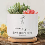 Love Grows Here Engagement Gift - Personalized Ceramic Plant Pot With Tray