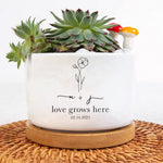 Love Grows Here Engagement Gift - Personalized Ceramic Plant Pot With Tray
