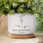 Love Grows Here Engagement Gift - Personalized Ceramic Plant Pot With Tray