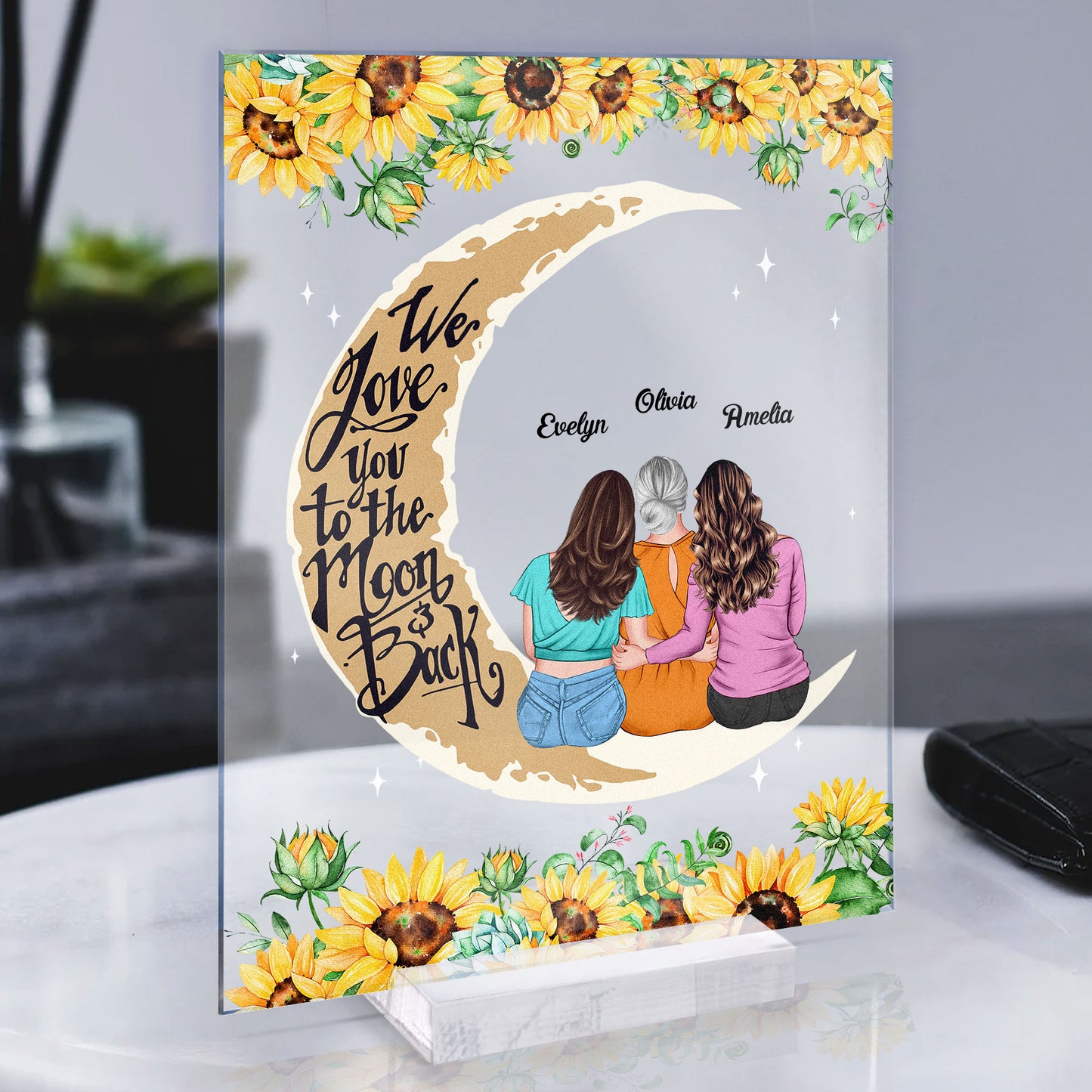 Love To The Moon And Back Mom And Daughters - Personalized Acrylic Plaque - Birthday Mother's Day Gift For Mom - Gift From Daughters