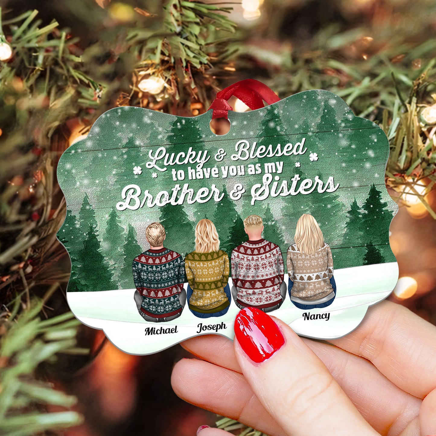Lucky And Blessed To Have You As My Brothers & Sisters - Personalized Aluminum Ornament - Christmas Gift SIblings Ornament For Brothers, Sisters - Family Hugging