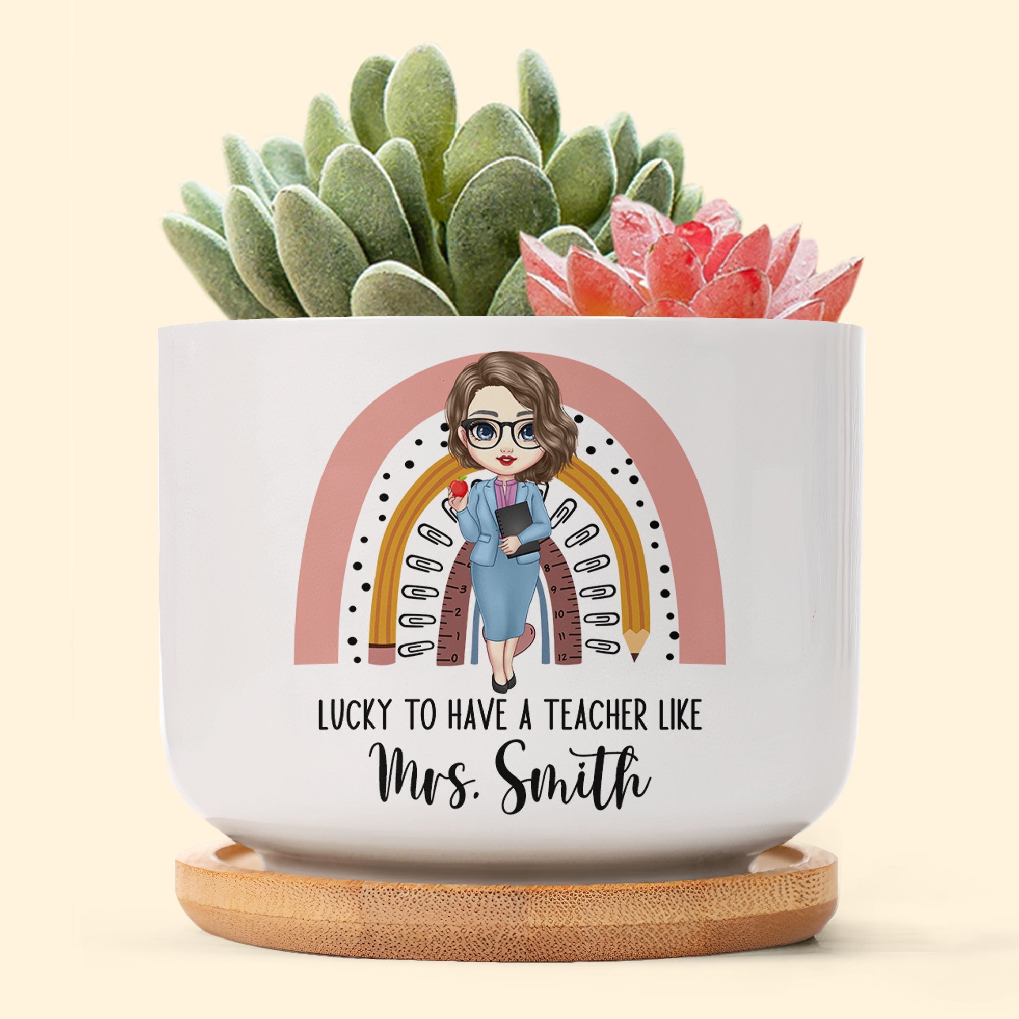Lucky To Have A Teacher Like You - Personalized Ceramic Plant Pot With Tray