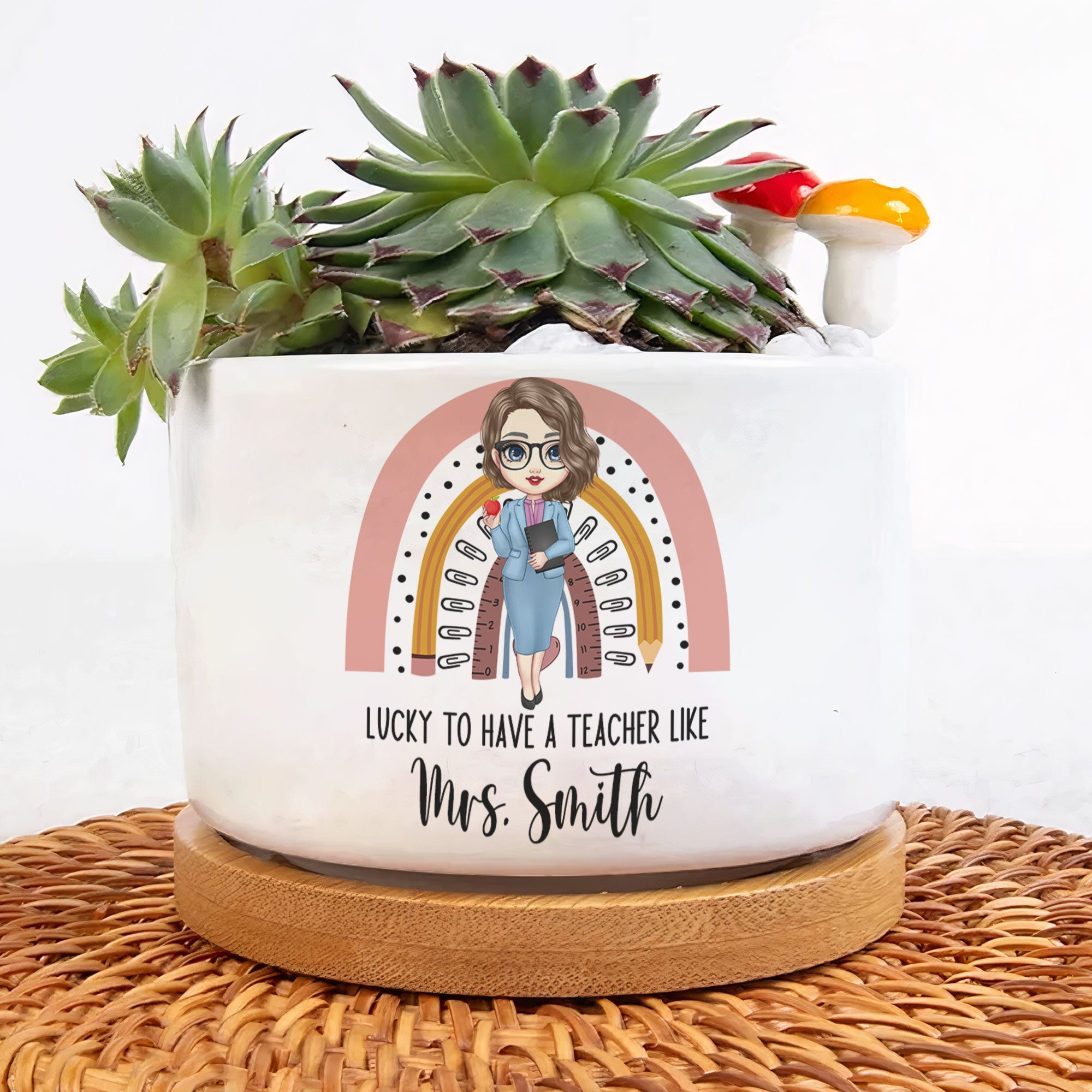 Lucky To Have A Teacher Like You - Personalized Ceramic Plant Pot With Tray